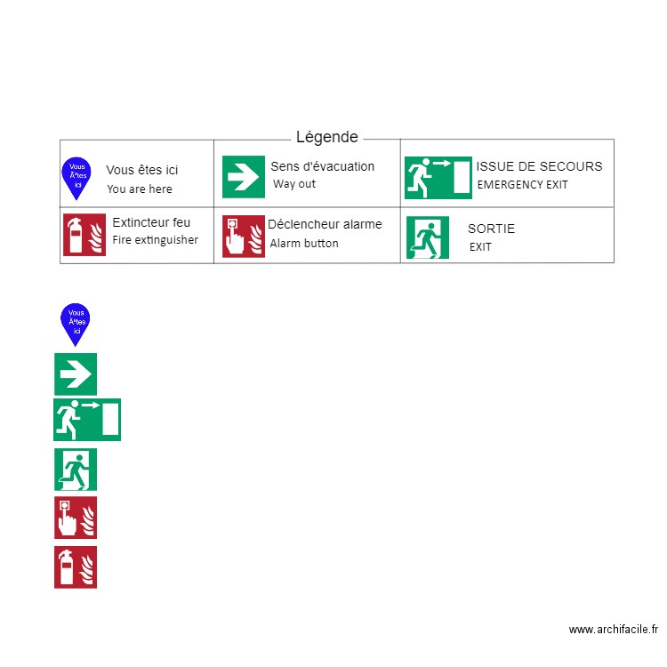Légende plan évacuation. Plan de 0 pièce et 0 m2