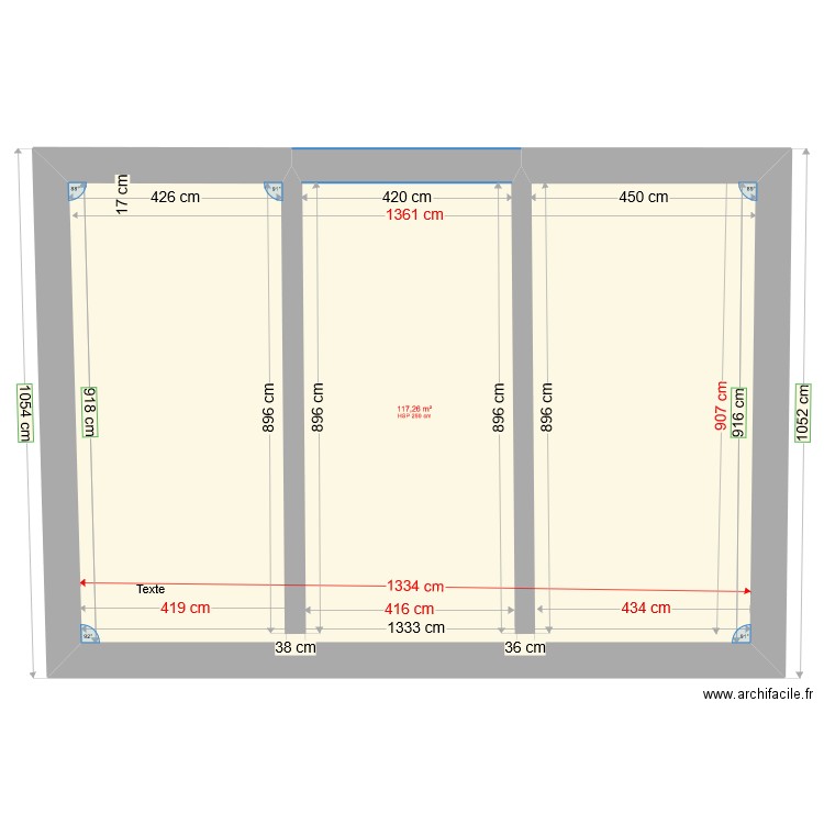 Etage 1 poutre plafond. Plan de 1 pièce et 117 m2