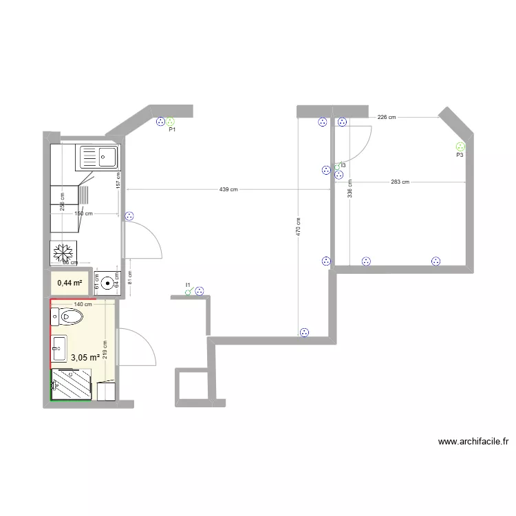 T2 La Boule Douche rectangulaire 70X90 plan &eacute;lectrique. Plan de 