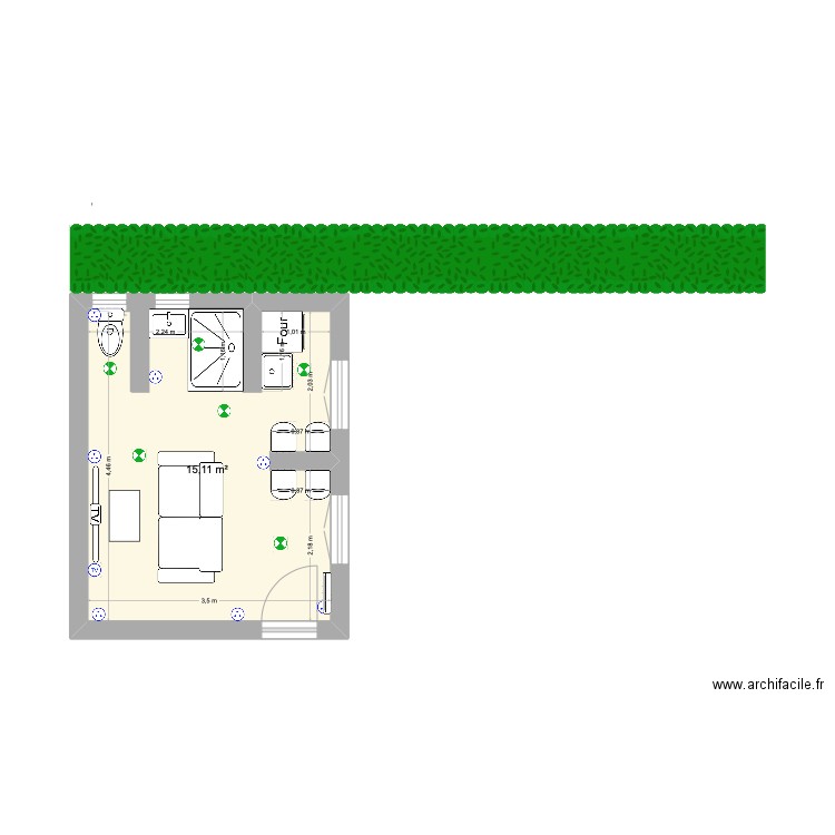 studio. Plan de 1 pièce et 15 m2
