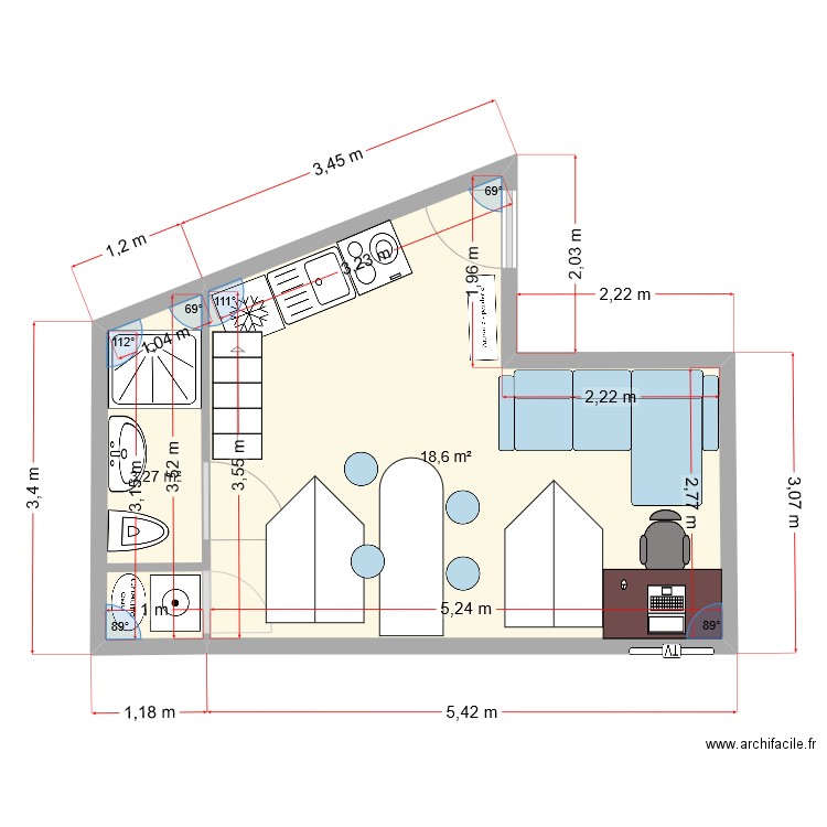 studio v. Plan de 2 pièces et 22 m2