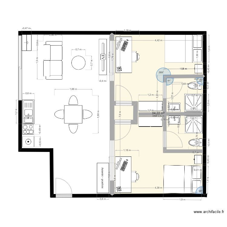 colocation. Plan de 1 pièce et 34 m2