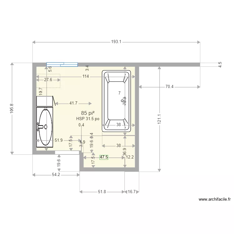salle de bain 5 de moins pour porte escamotable. Plan de 