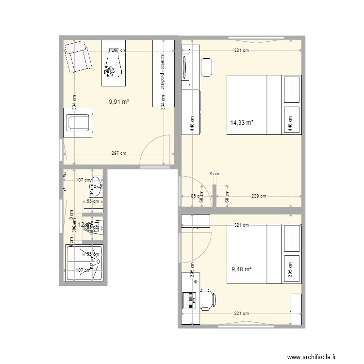 chambre + salle d'eau. Plan de 4 pièces et 37 m2