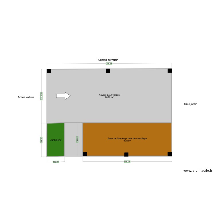 Auvent côté cuisine. Plan de 4 pièces et 34 m2