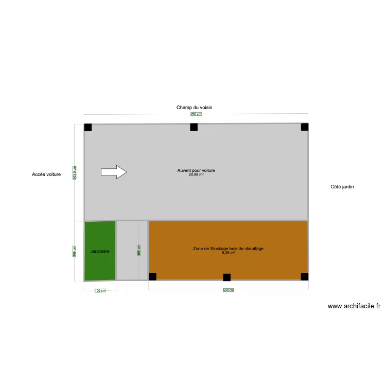 Auvent c&ocirc;t&eacute; cuisine. Plan de 