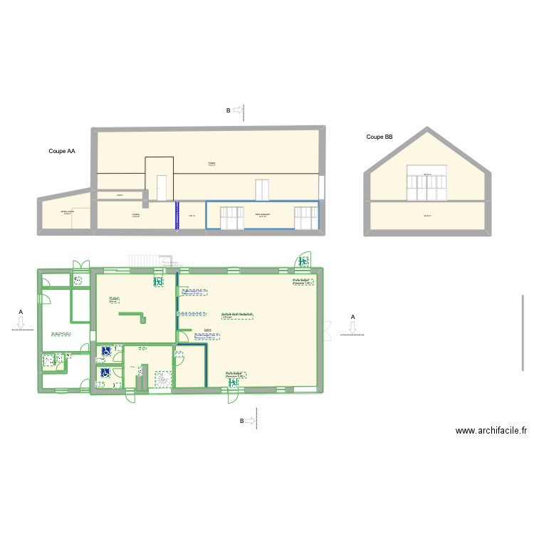 Restaurant Theatre V1 coupe. Plan de 13 pièces et 621 m2