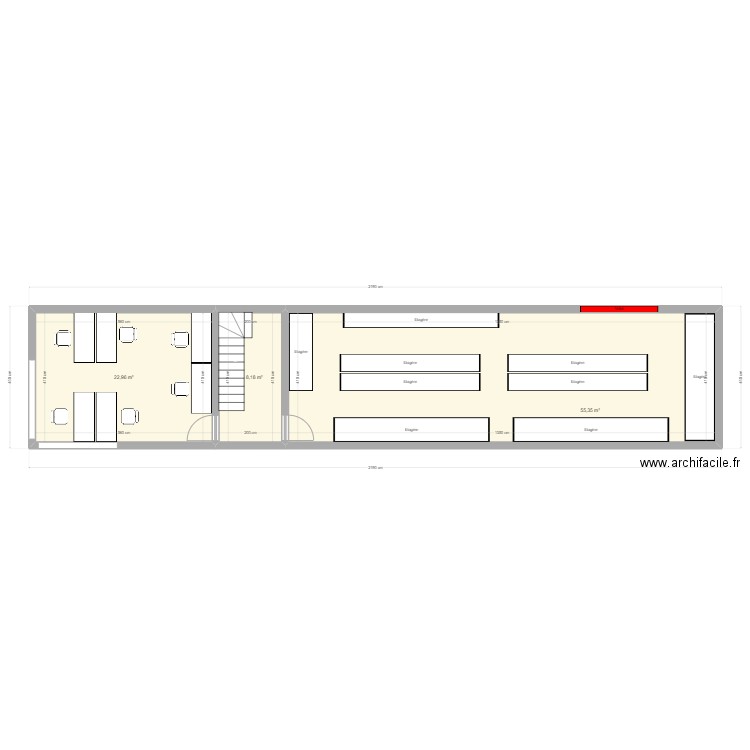 Étage atelier bureaux 160x70 ok. Plan de 3 pièces et 87 m2