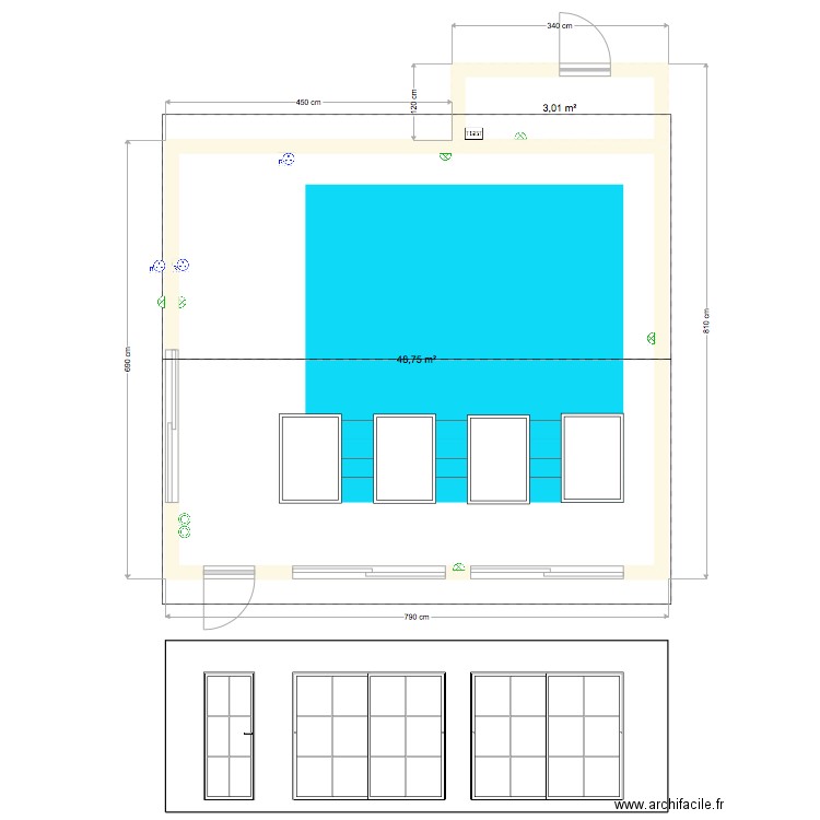 piscine . Plan de 2 pièces et 52 m2