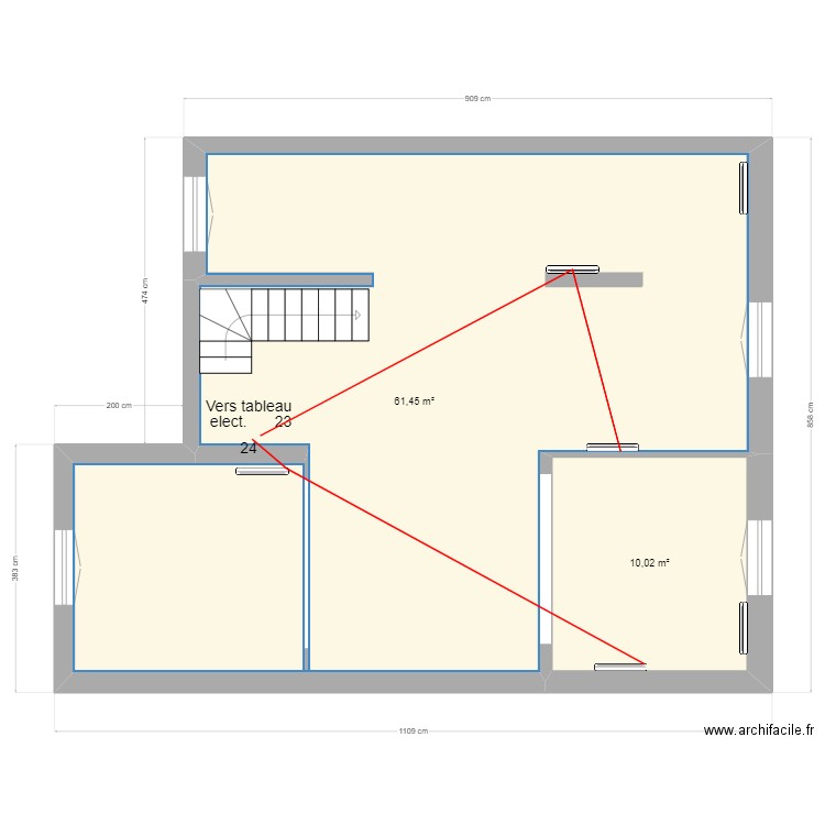 R+1 comble chauffage electricité. Plan de 2 pièces et 71 m2