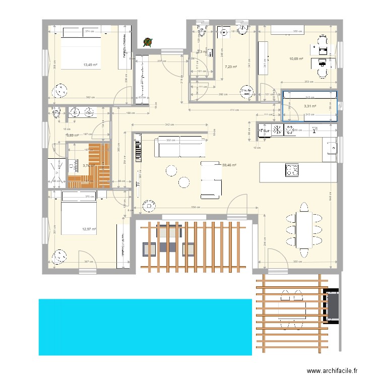 Bungalow entrée Nord sans dressing. Plan de 9 pièces et 119 m2