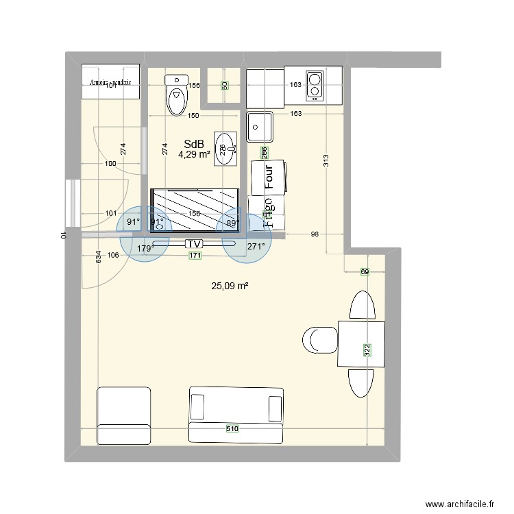 Studio Cabourg. Plan de 2 pièces et 29 m2