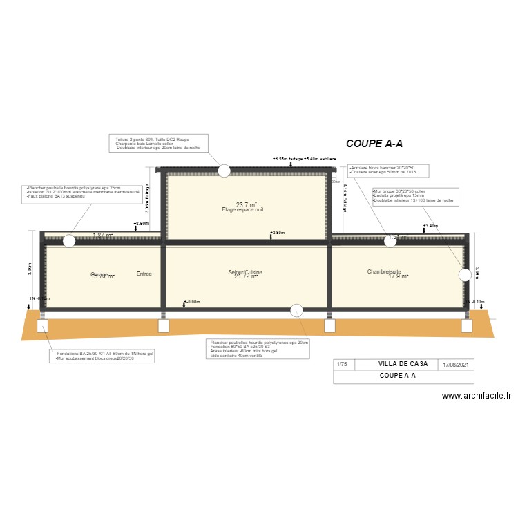 coupe AA DE CASA. Plan de 6 pièces et 82 m2