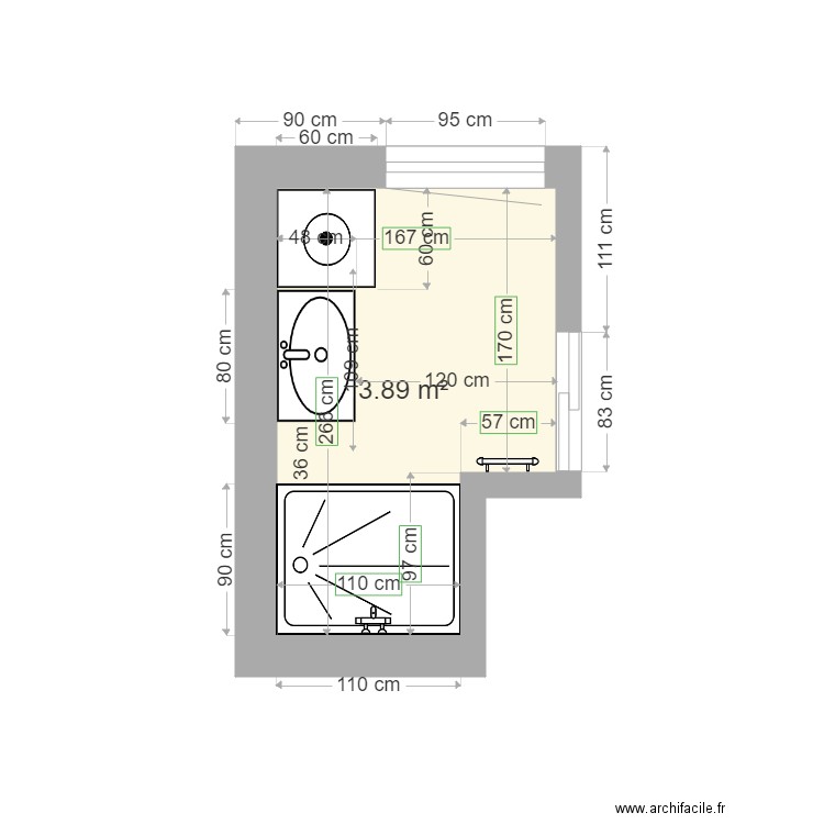 SDB Appart. Plan de 1 pièce et 4 m2