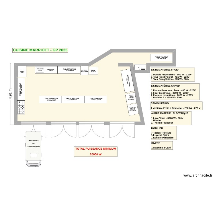 Cuisine Marriott GP 2025. Plan de 1 pièce et 48 m2
