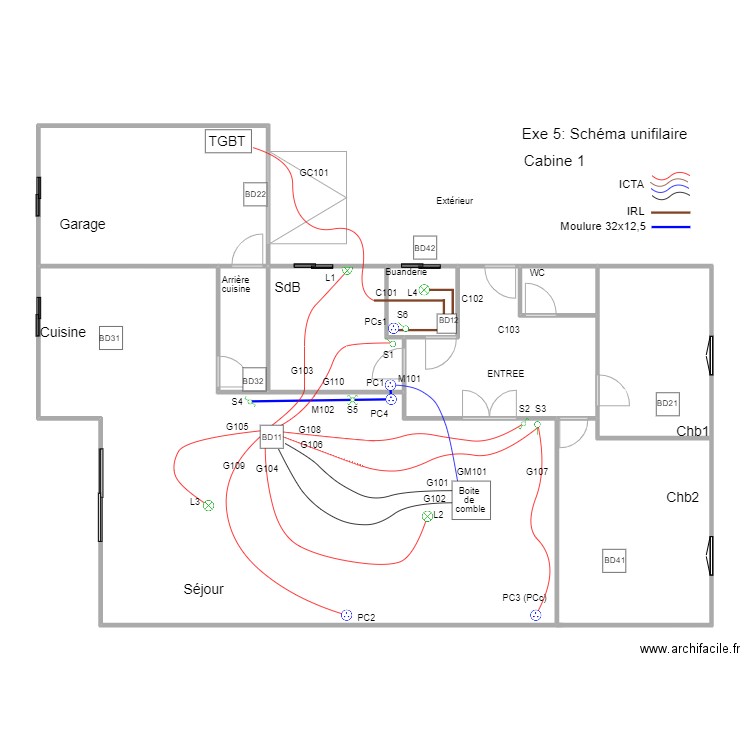 B1M2Op02-02Exe5Cab1SchUni. Plan de 9 pièces et 171 m2