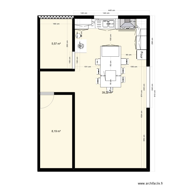 pieces. Plan de 3 pièces et 53 m2