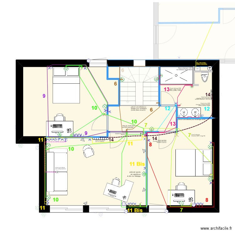 Réseau électrique 1 à 14. Plan de 10 pièces et 166 m2