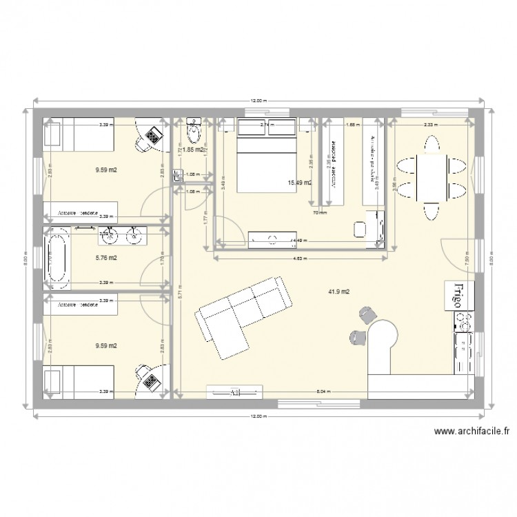 Maison T4 8x12m. Plan de 0 pièce et 0 m2