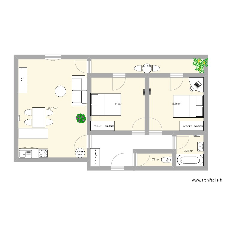 Appartement T3 . Plan de 6 pièces et 59 m2