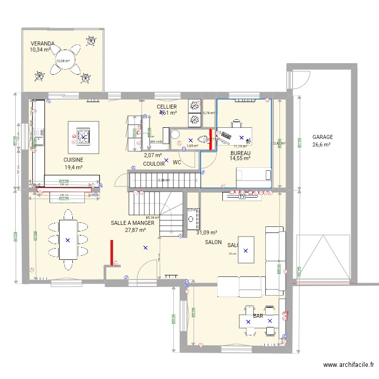 Maison Plessis RDC. Plan de 9 pièces et 115 m2