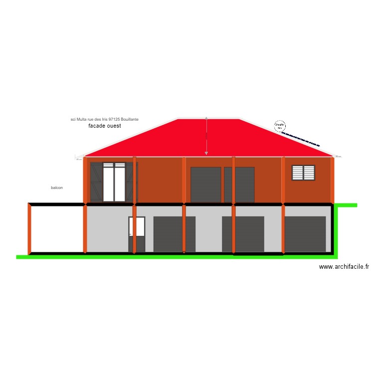 facade ouest. Plan de 12 pièces et 107 m2