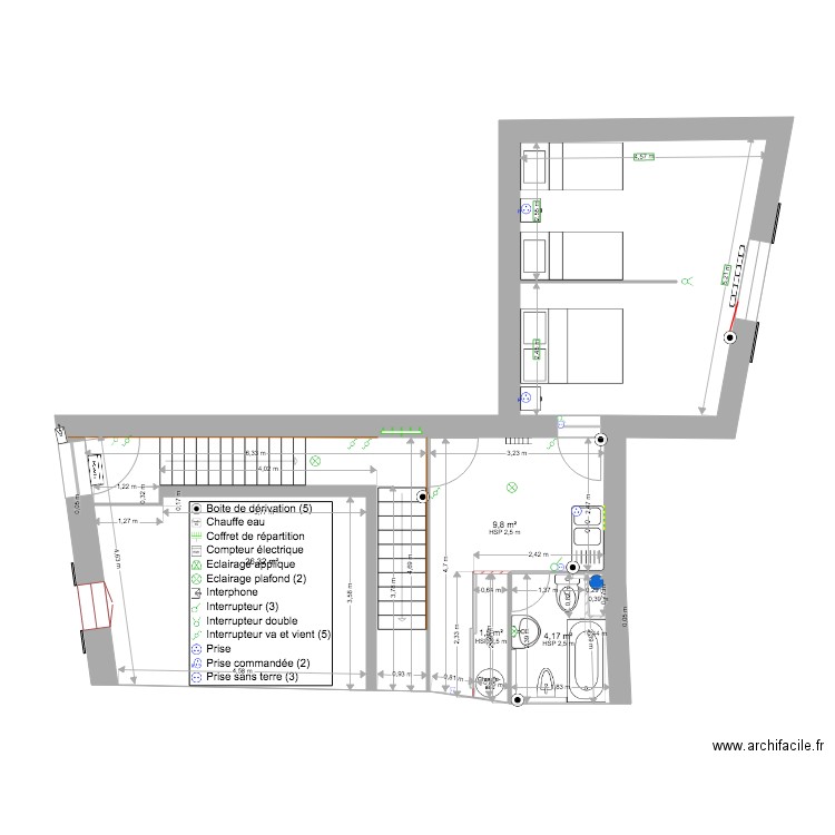 1 ER ÉTAGE ELECTRIQUE. Plan de 4 pièces et 42 m2