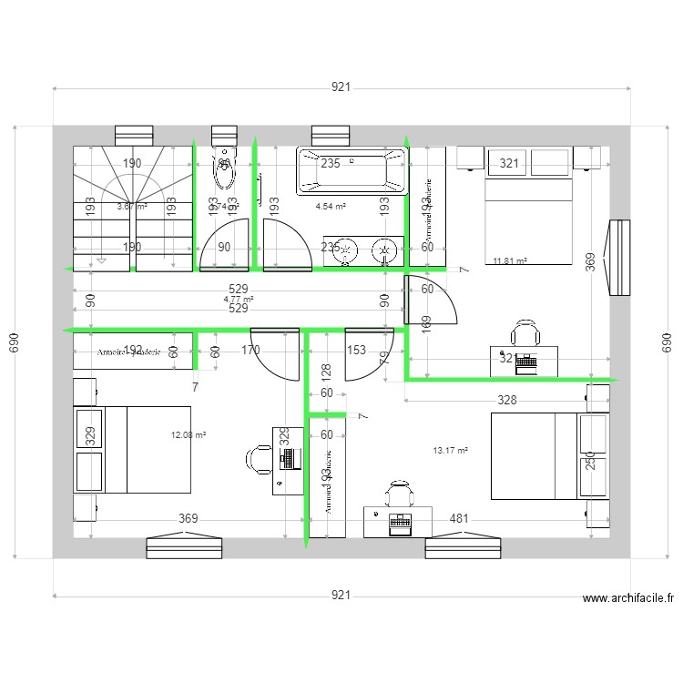 CARRERE ETAGE. Plan de 7 pièces et 52 m2