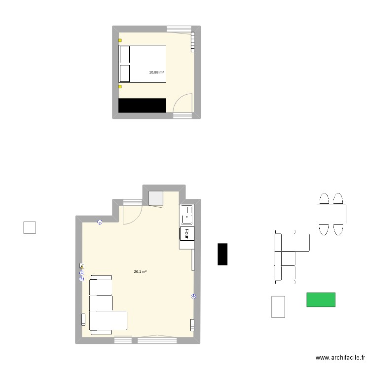 malo salon. Plan de 2 pièces et 37 m2