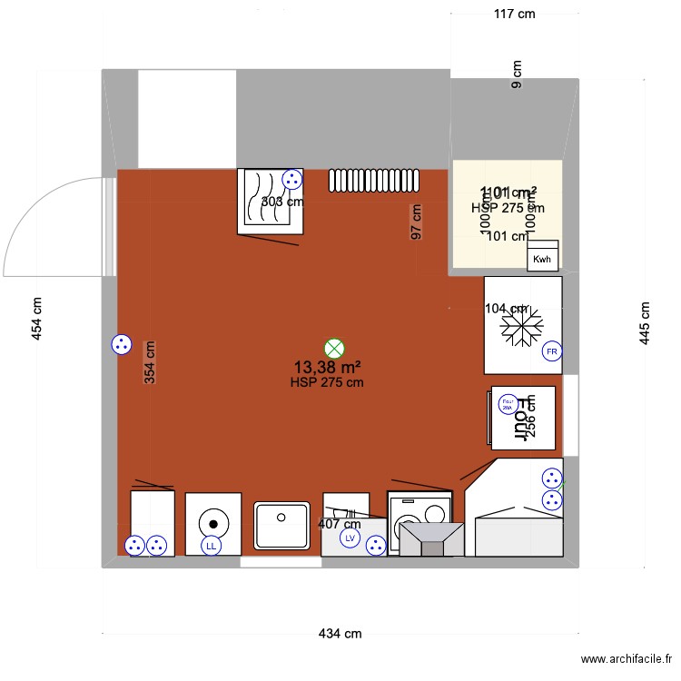 cuisine Hauteroche . Plan de 2 pièces et 14 m2