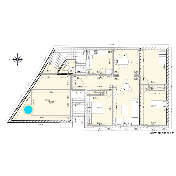 plan RD. Plan de 7 pièces et 147 m2