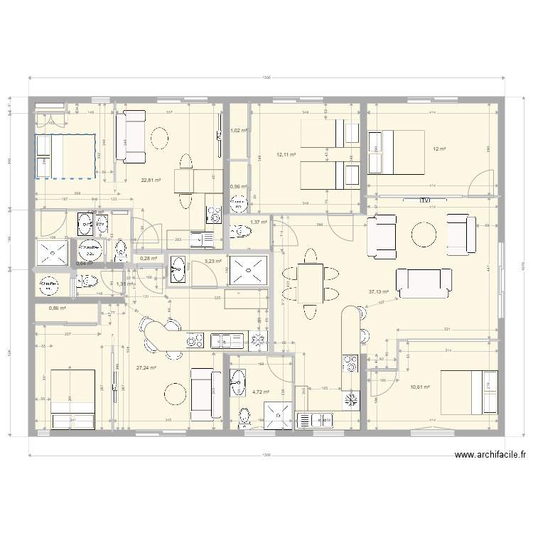 1 Yvrac Projet SSSOL 12 mesures surfaces mobilier. Plan de 18 pièces et 142 m2