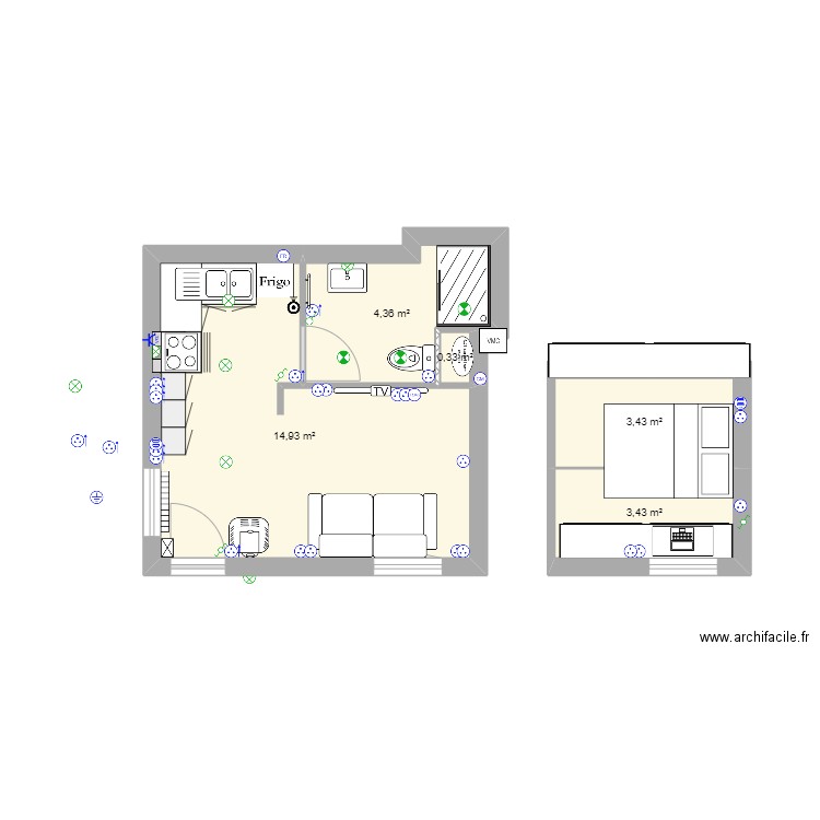 elec studio. Plan de 5 pièces et 26 m2