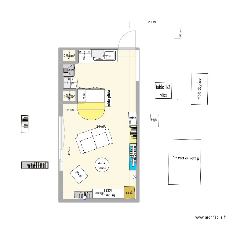 sejour 2b. Plan de 3 pièces et 25 m2