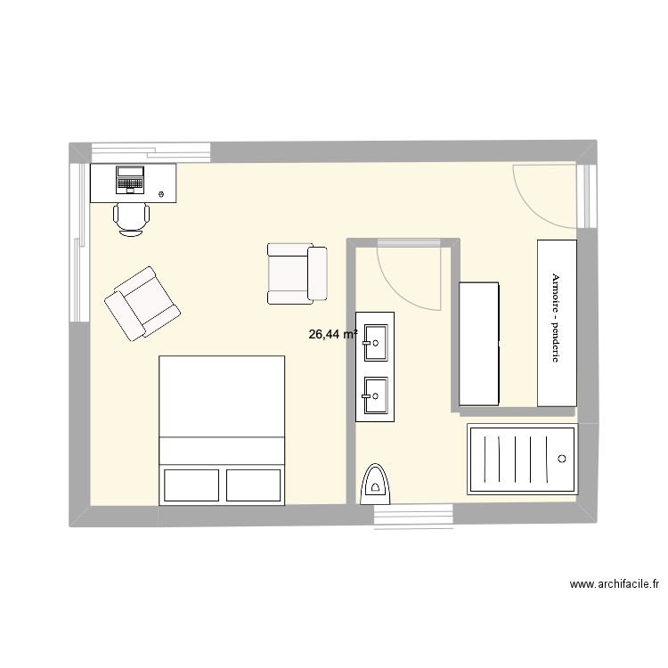 chambre V2. Plan de 1 pièce et 26 m2