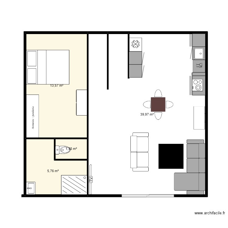 RDC3. Plan de 4 pièces et 61 m2