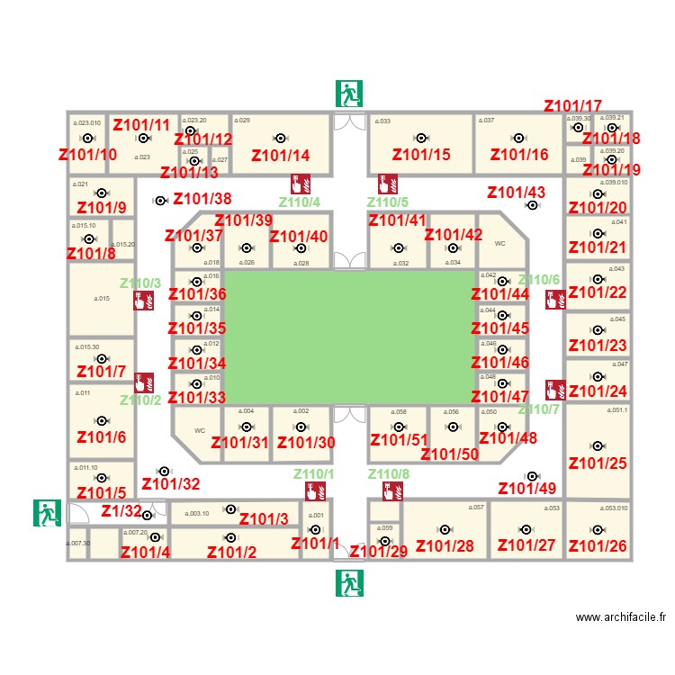 Plan batiment principal alm incendie. Plan de 59 pièces et 271 m2