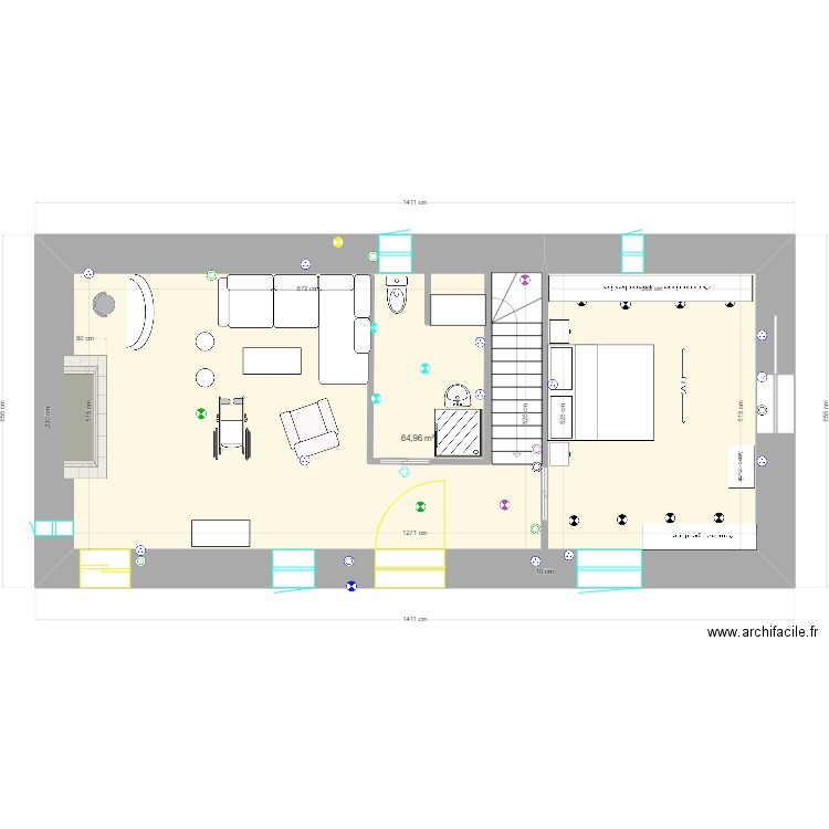 chambre rdc ns. Plan de 1 pièce et 65 m2