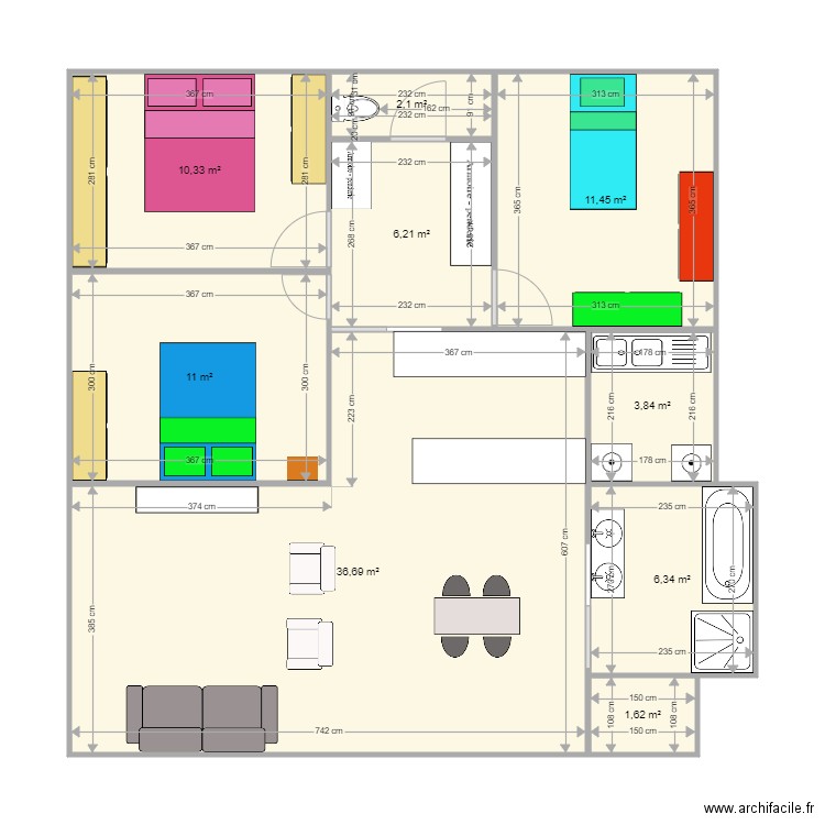 maison salle en L. Plan de 9 pièces et 90 m2