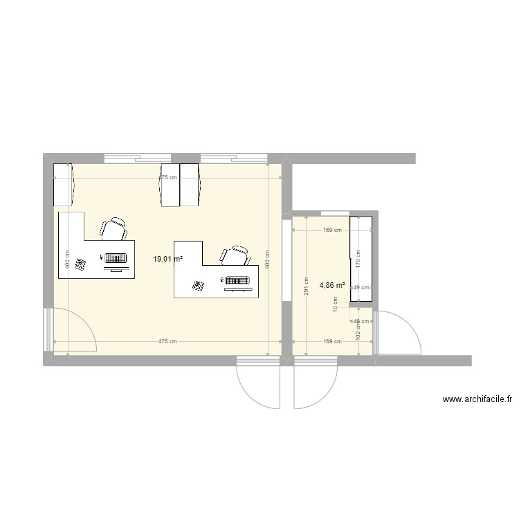 Bureau Mireille. Plan de 2 pièces et 24 m2