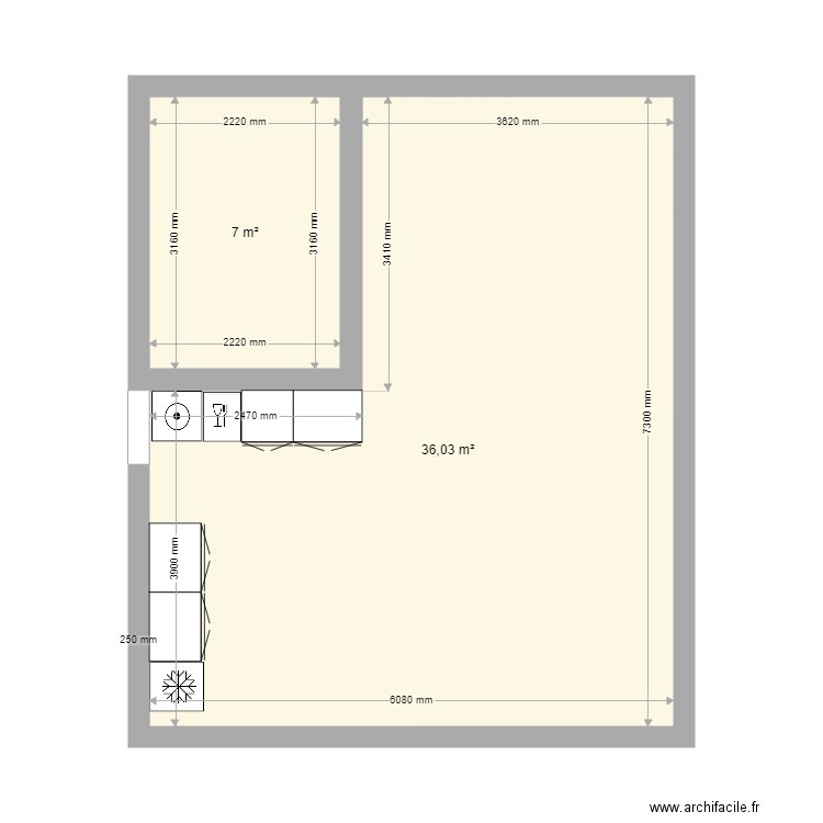 Gite II. Plan de 2 pièces et 43 m2