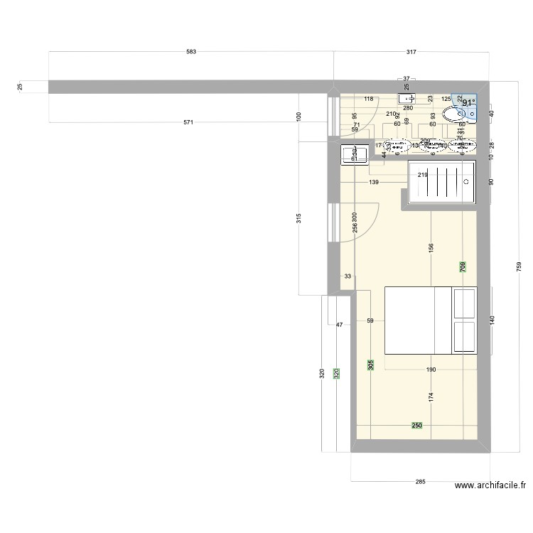 Chambre 3 proposition 1. Plan de 1 pièce et 19 m2
