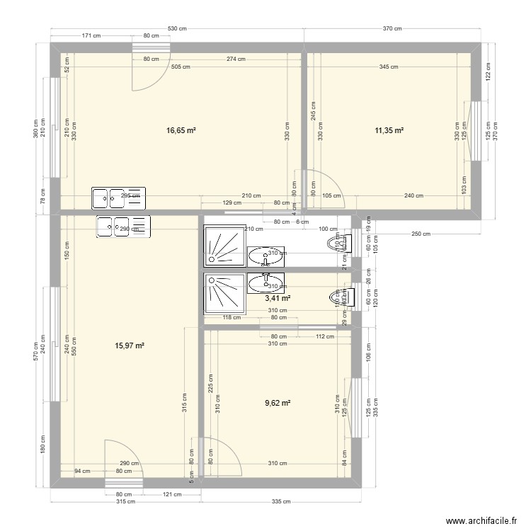 coté piscine sdb cuis. Plan de 5 pièces et 57 m2