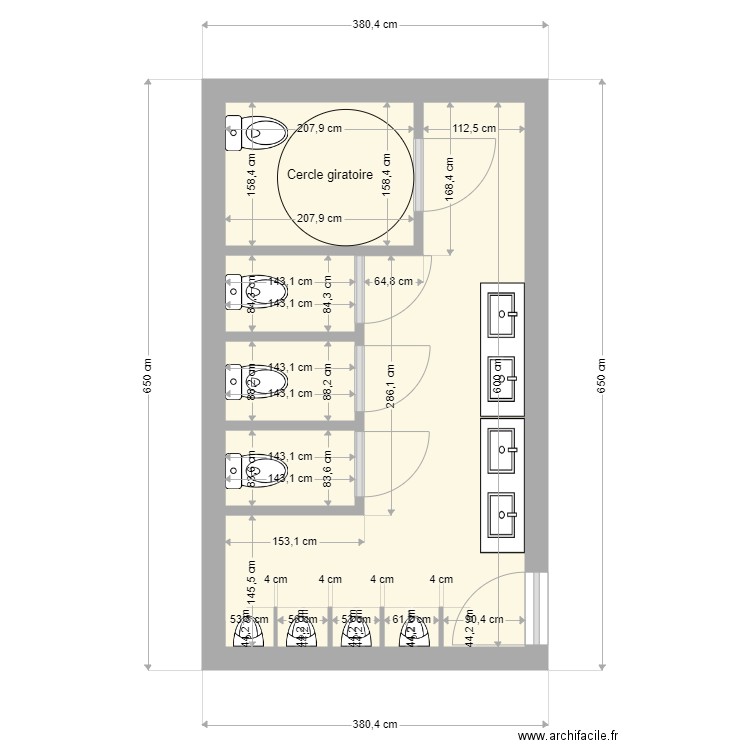 Toilette école version 2. Plan de 5 pièces et 19 m2