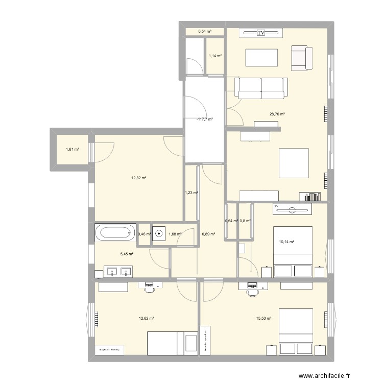 F5 414. Plan de 16 pièces et 106 m2