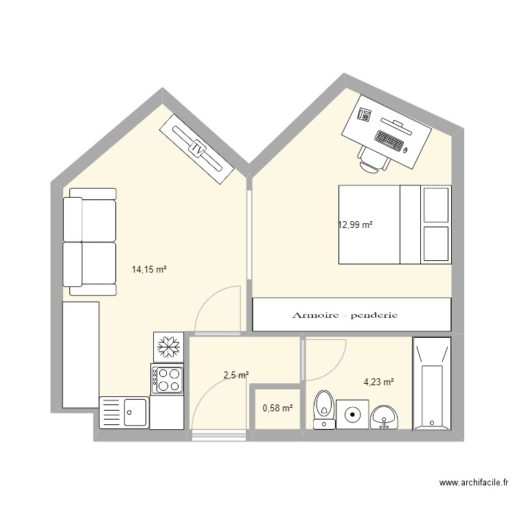 Appart résistance. Plan de 5 pièces et 34 m2