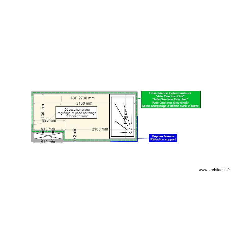 PROU TETE / D22080128 / faience carrelage. Plan de 2 pièces et 4 m2