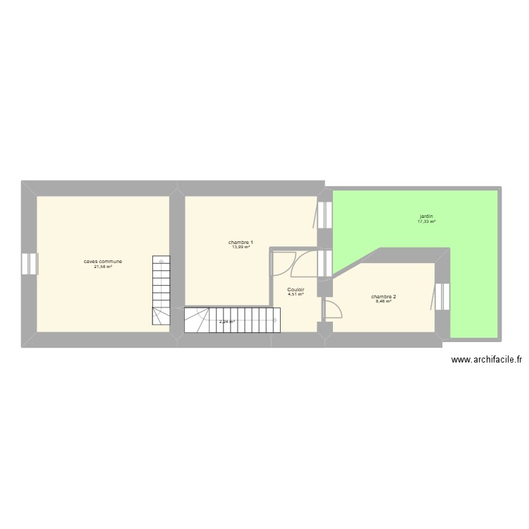 caves. Plan de 6 pièces et 68 m2