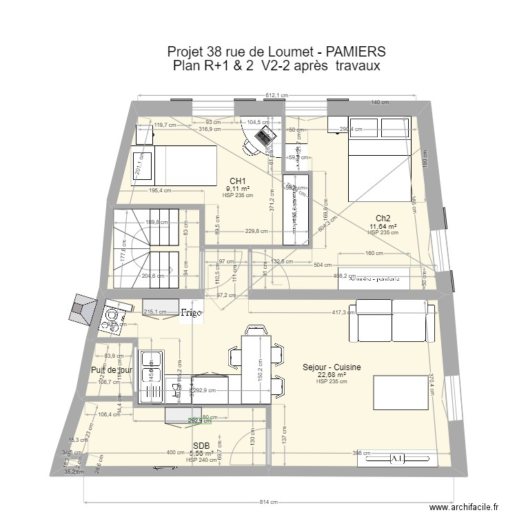 PAMIERS3 R+2 Cuisine après travaux. Plan de 7 pièces et 54 m2