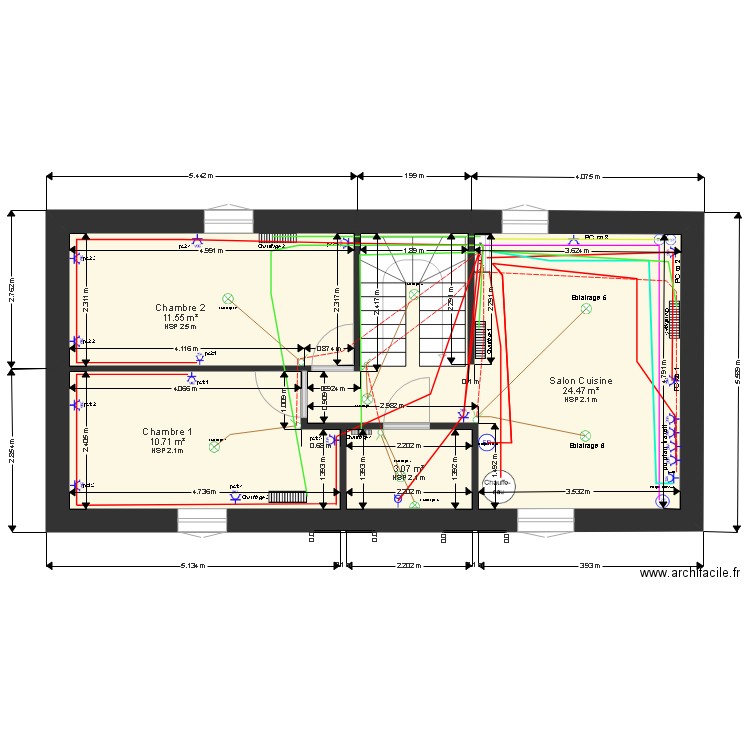 1 er etage plan vide Electricite version 5 (hotte)et chauffage sc. Plan de 4 pièces et 50 m2